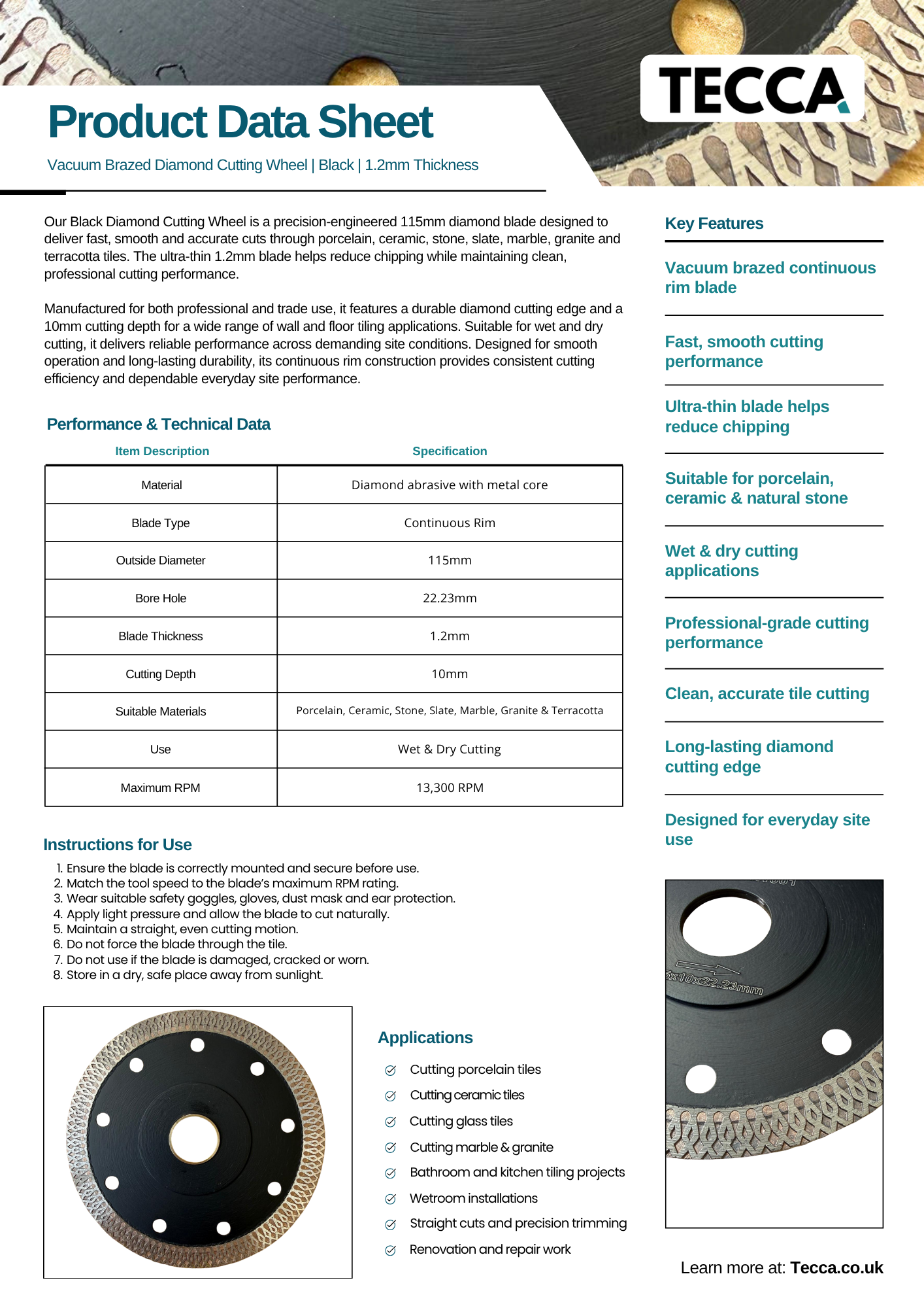 Tecca Diamond Black Cutting Wheel | 115mm | Porcelain, Stone & Tile Blade