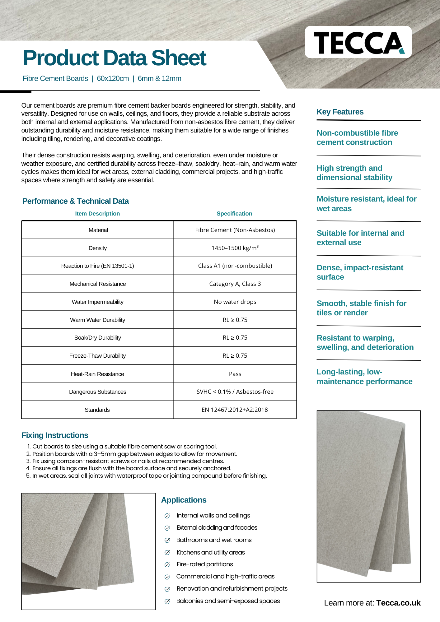 Tecca Fibre Cement Backer Board | 12mm | 60x120cm