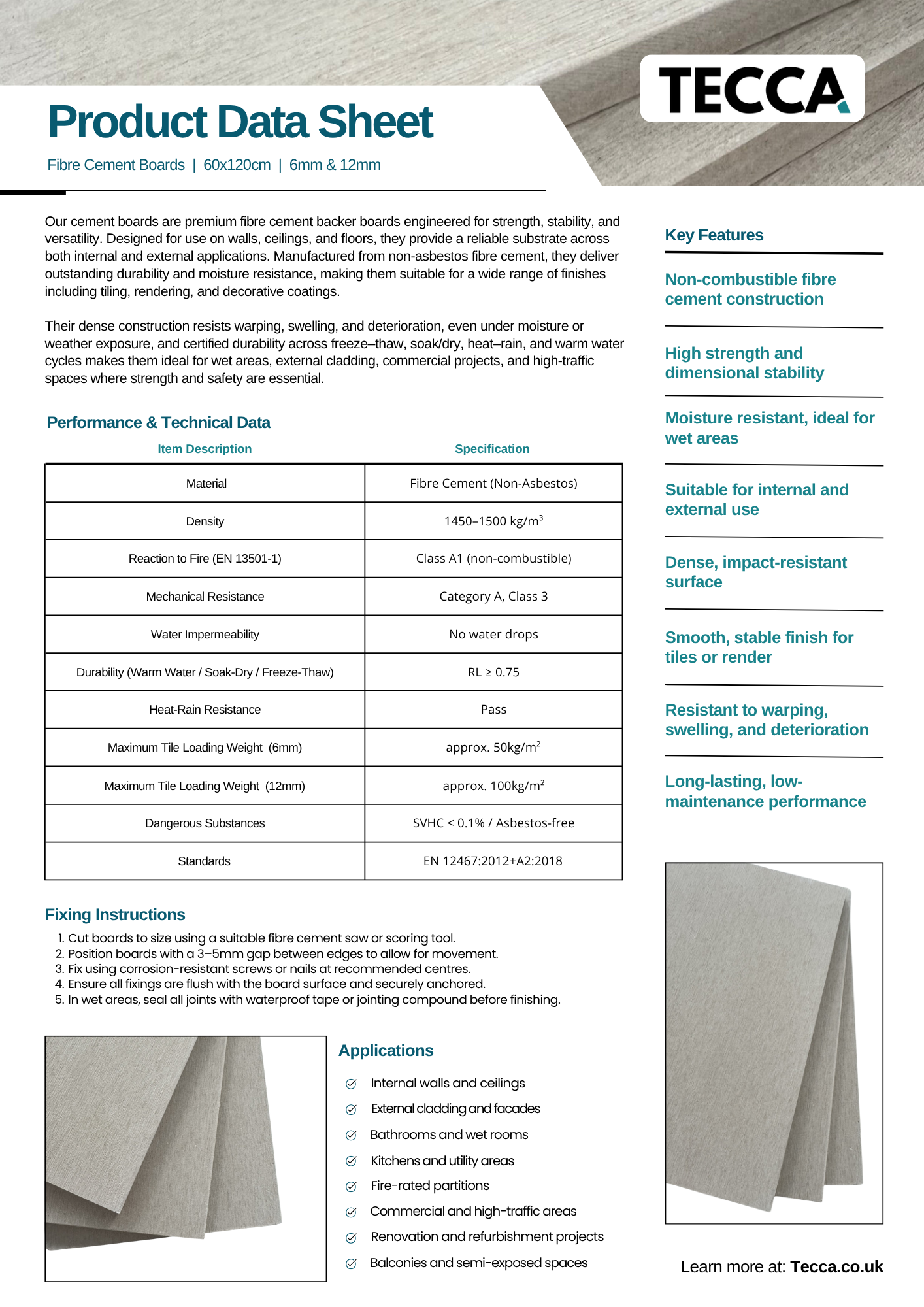 Tecca Fibre Cement Backer Board | 12mm | 60x120cm