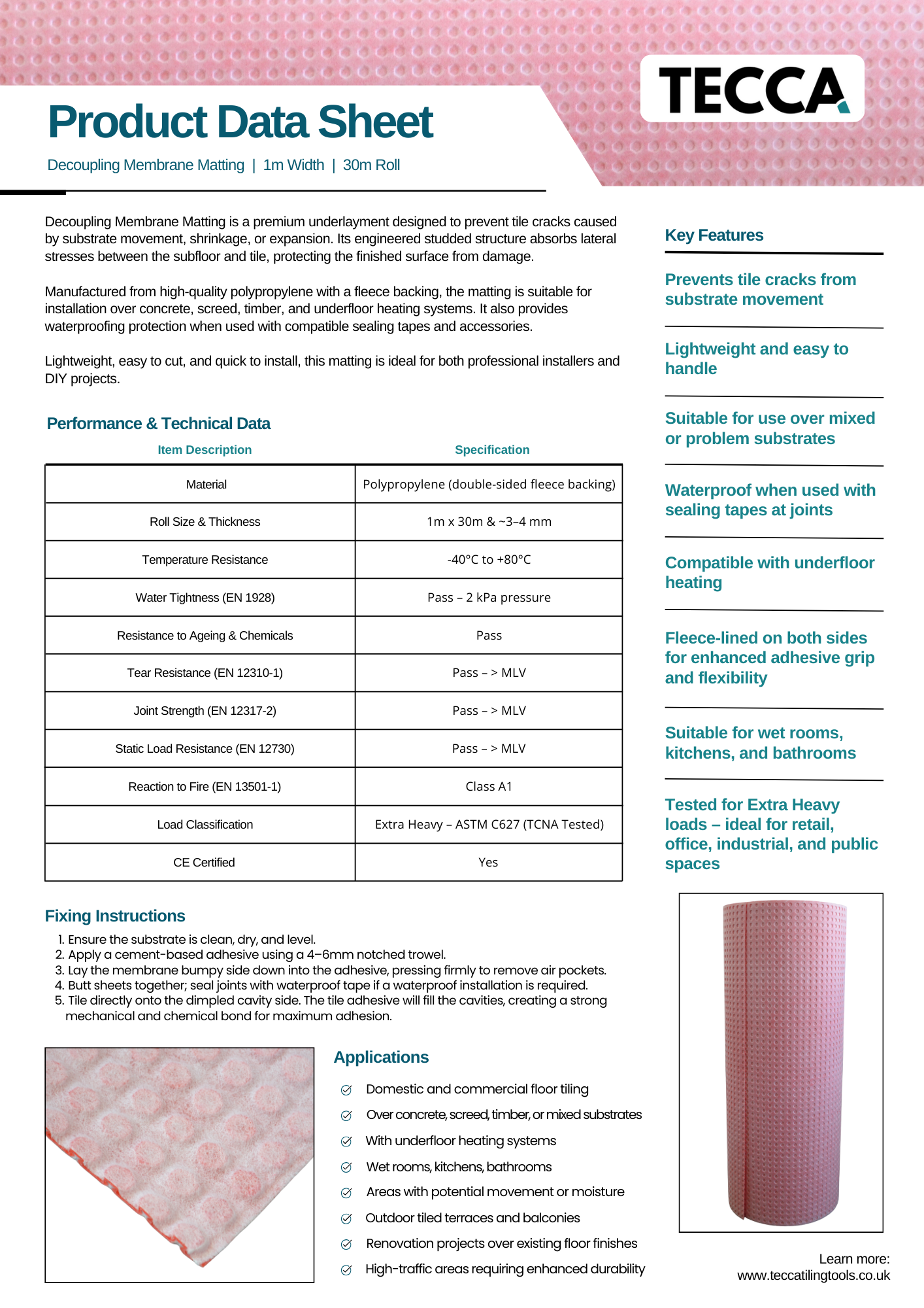 Tecca Decoupling Mat – 30m Roll Anti-Crack Matting for Tiled Floors