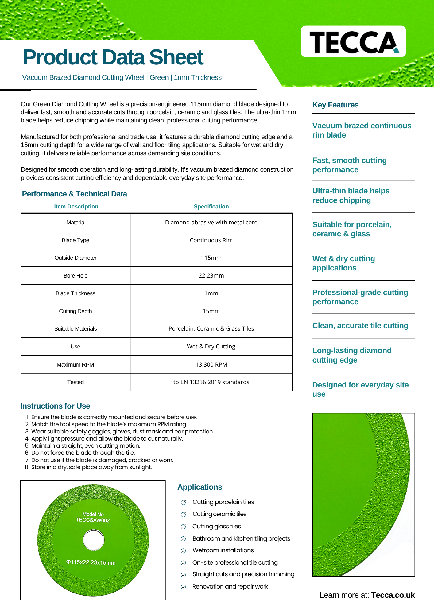 Tecca Diamond Green Cutting Wheel | 115mm | Glass & Porcelain Fine Cut Blade