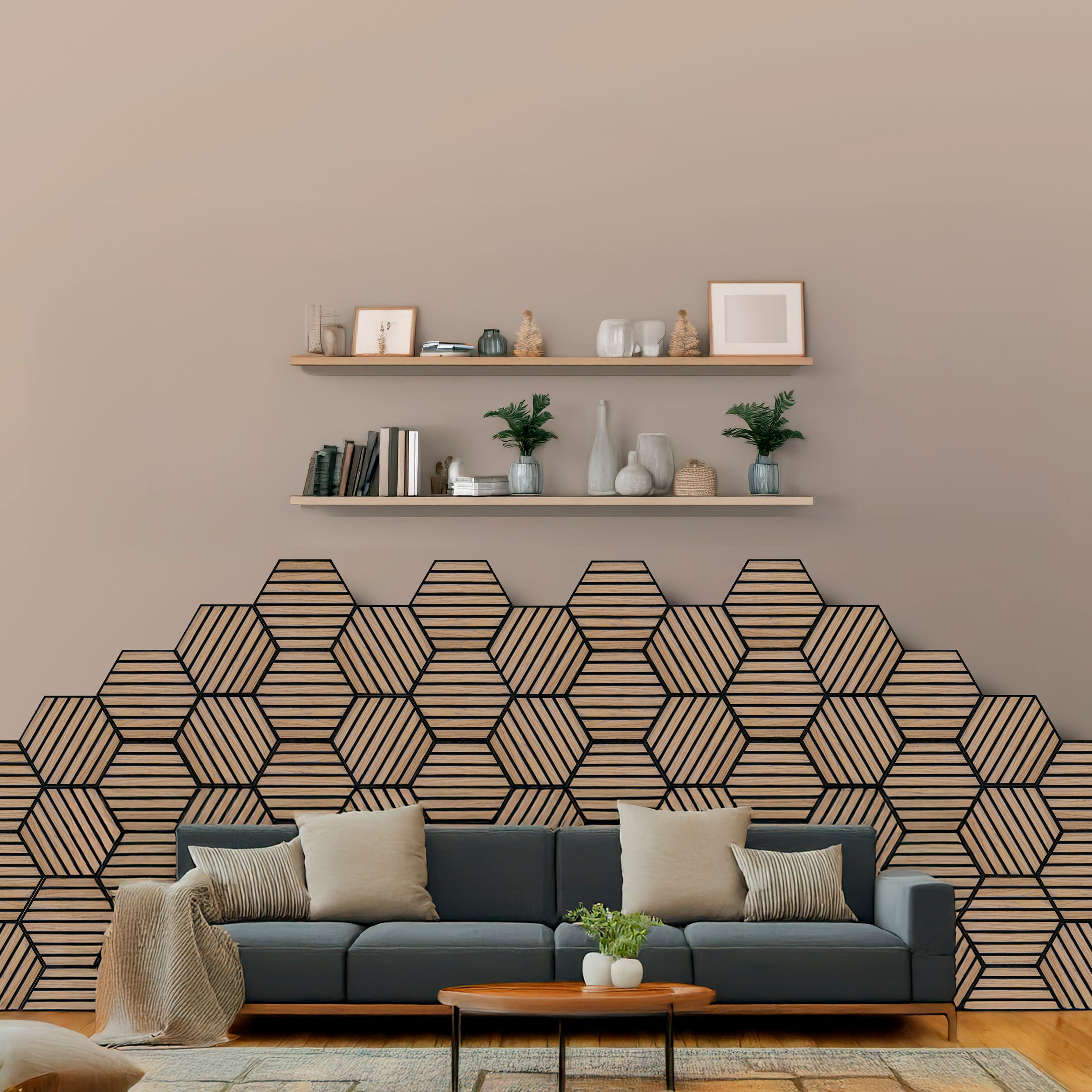 Tecca Medium Oak Self-Adhesive Acoustic Hexagon Wall Panels | Sound Absorbing | 5 Pack