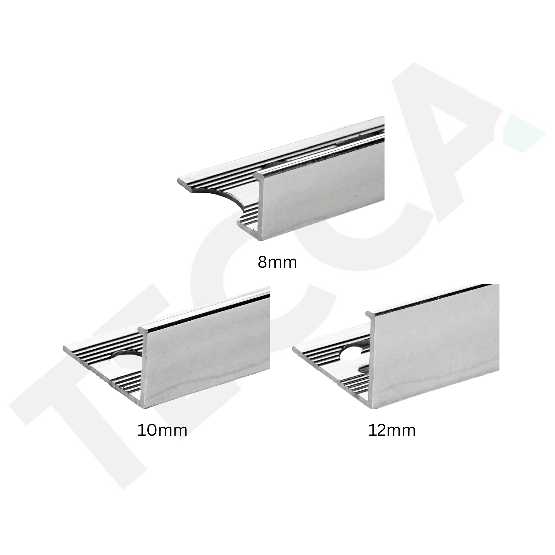 Tecca Polished Chrome Aluminium Tile Trim | 8mm, 10mm & 12mm | 2.44m Length