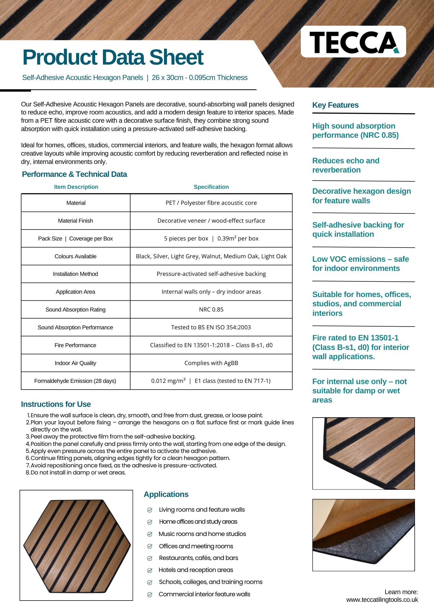 Tecca Black Self-Adhesive Acoustic Hexagon Wall Panels | Sound Absorbing | 5 Pack