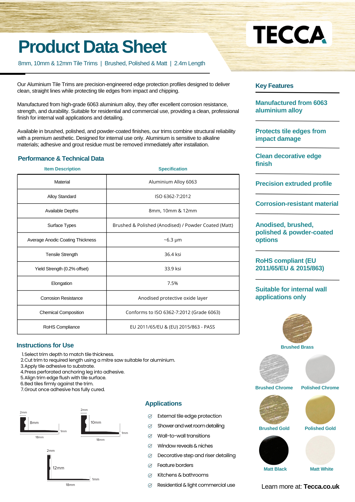 Tecca Brushed Brass Aluminium Tile Trim | 8mm, 10mm & 12mm | 2.4m Length