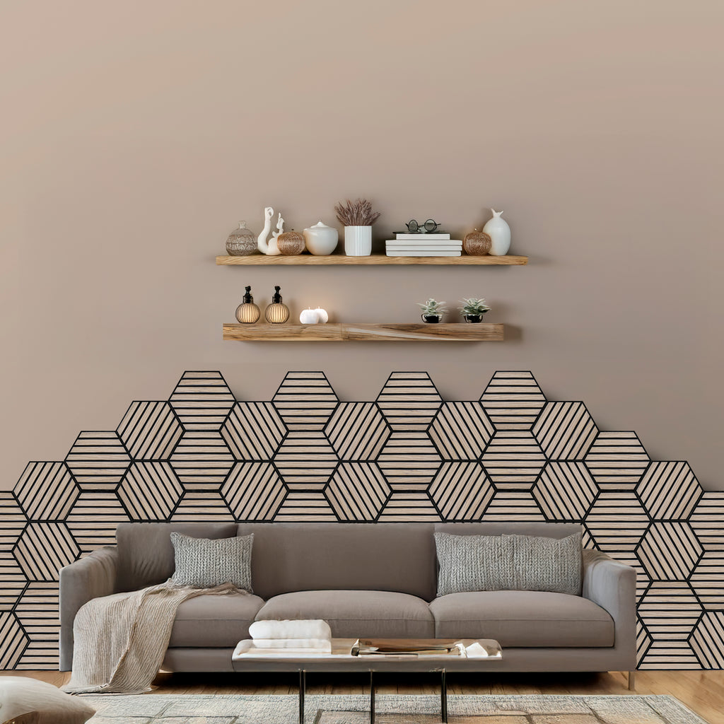 Tecca Walnut Self-Adhesive Acoustic Hexagon Wall Panels | Sound Absorbing | 5 Pack
